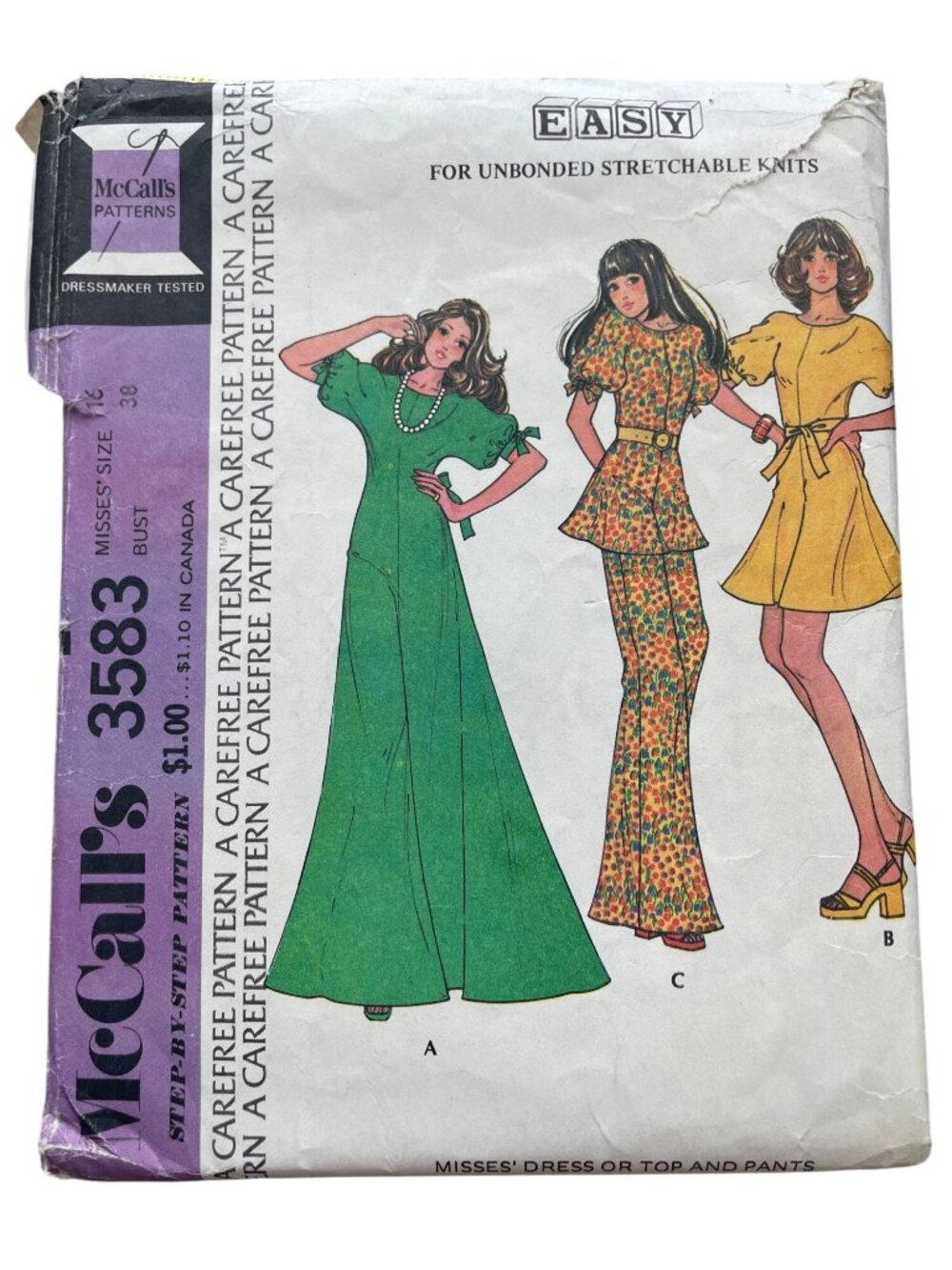 Vintage 70s McCalls 3583 Sewing Pattern Size 16 Misses Dress Or Top & Pants CUT